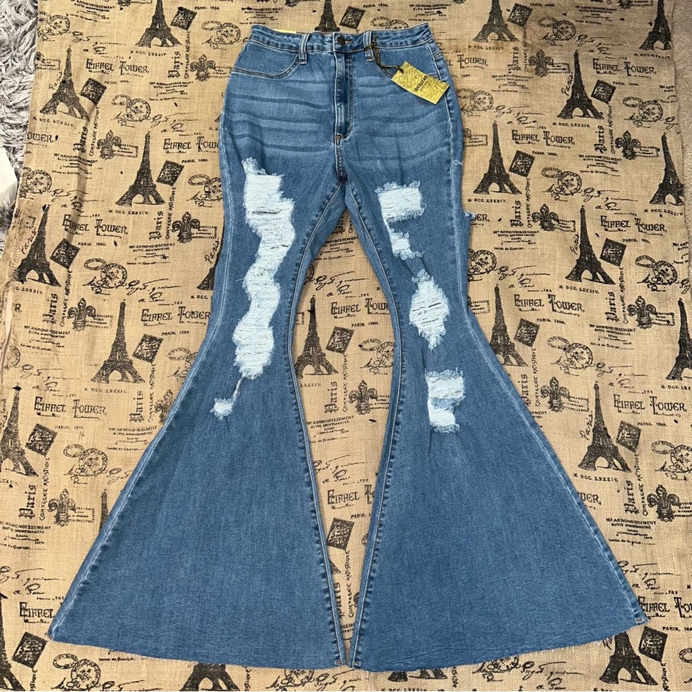 Loverly Fit Blue Wash Flare Bell Bottom Distressed Destroy High Rise Jeans